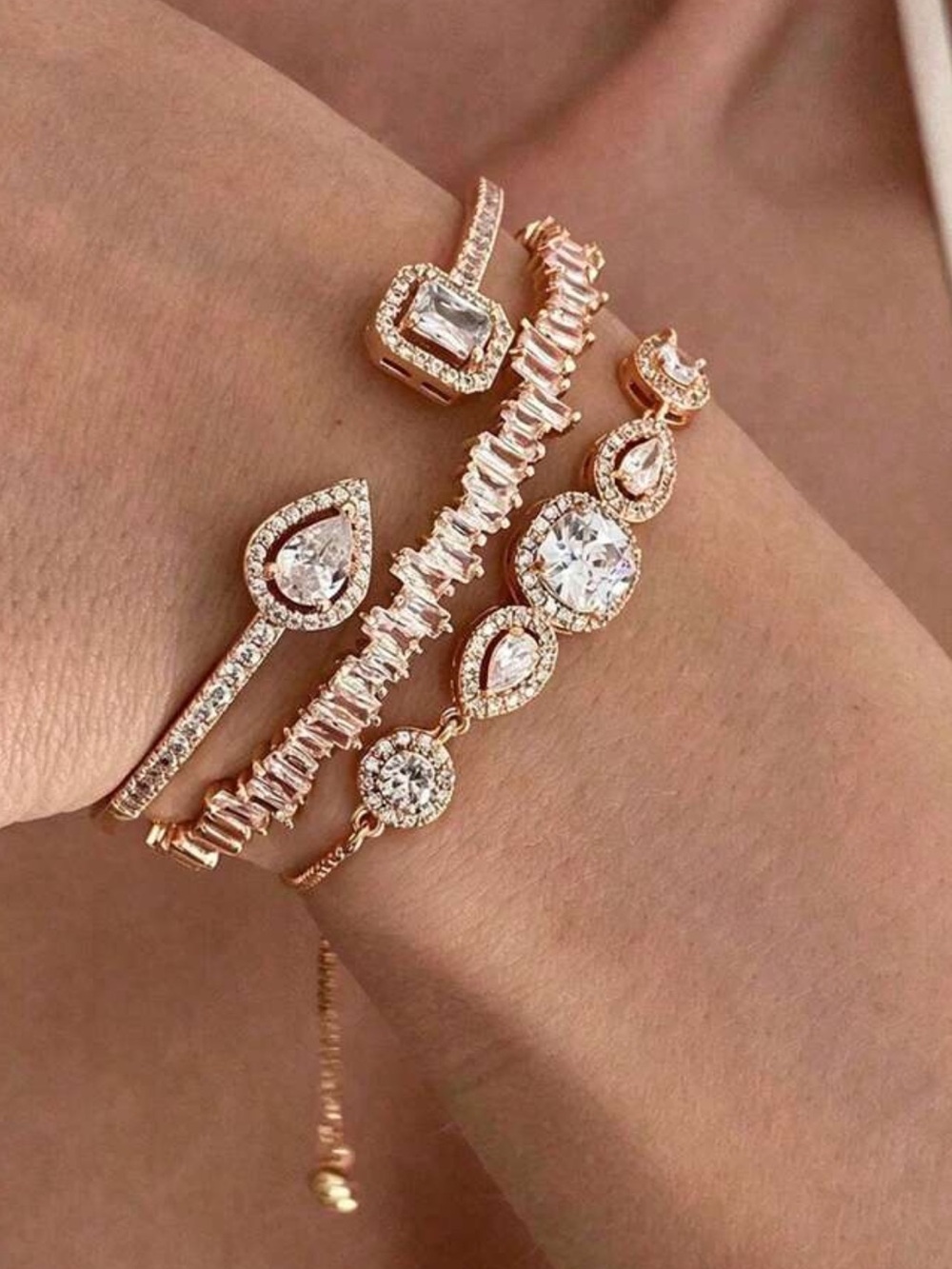 Delicate Rose Gold Crystal Stack Bracelet Set